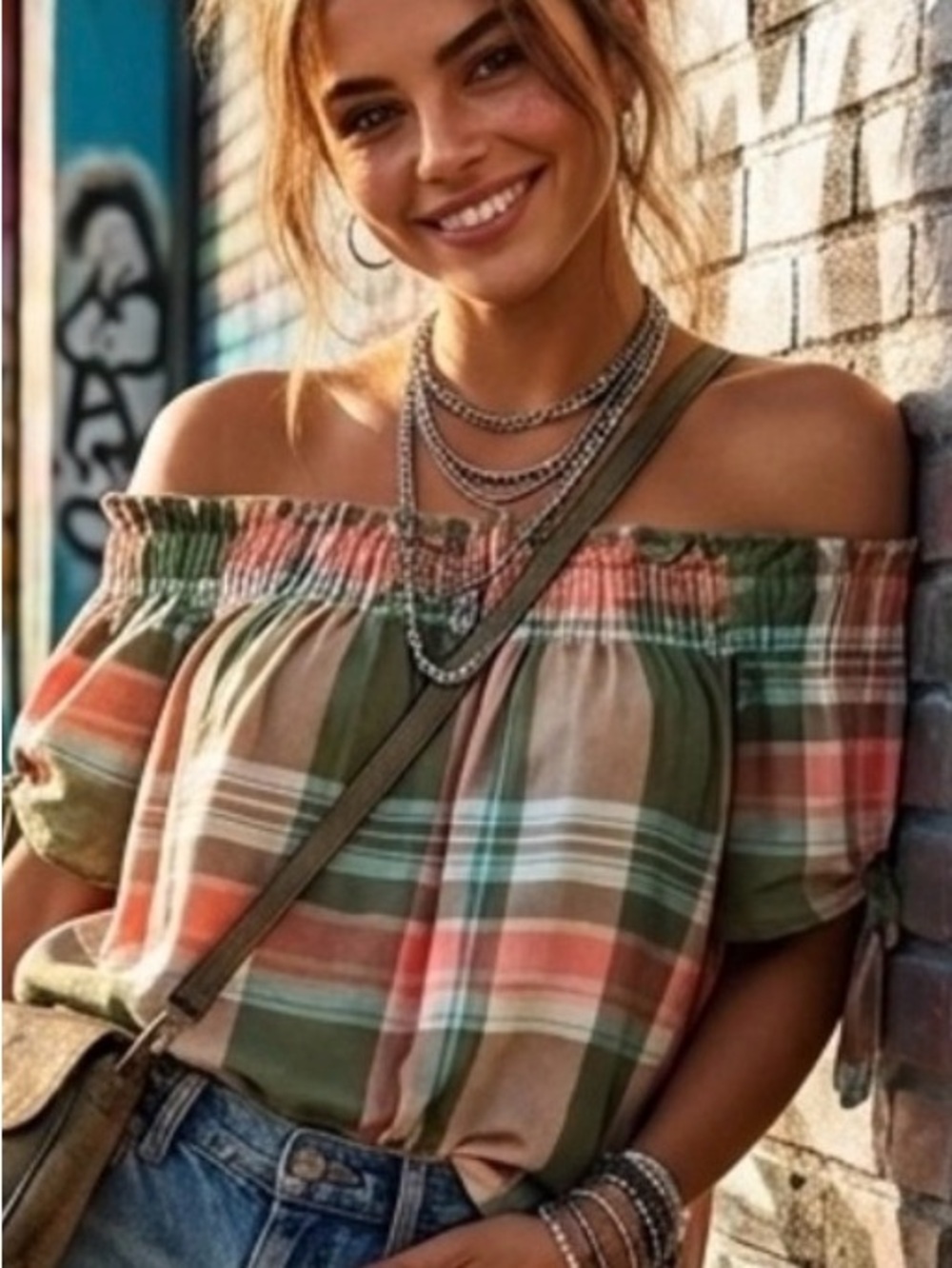 Sanctuary Plaid Off Shoulder Rayon Blouse Tie Sleeve Top Size M